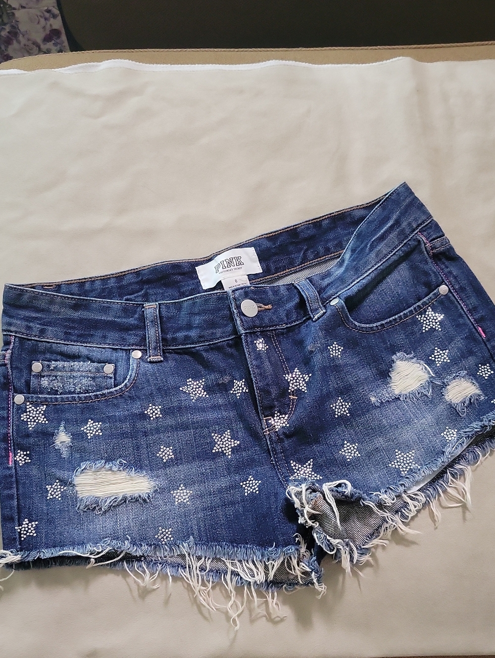PINK Victoria's Secret Blue Denim Rhinestone Star Distressed Shorts